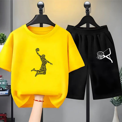 Kids Sets white T-Shirt Basketball shooting cool Boy black Girls red Casual Tops TShirt+Shorts Children's Summer Short Sleeve