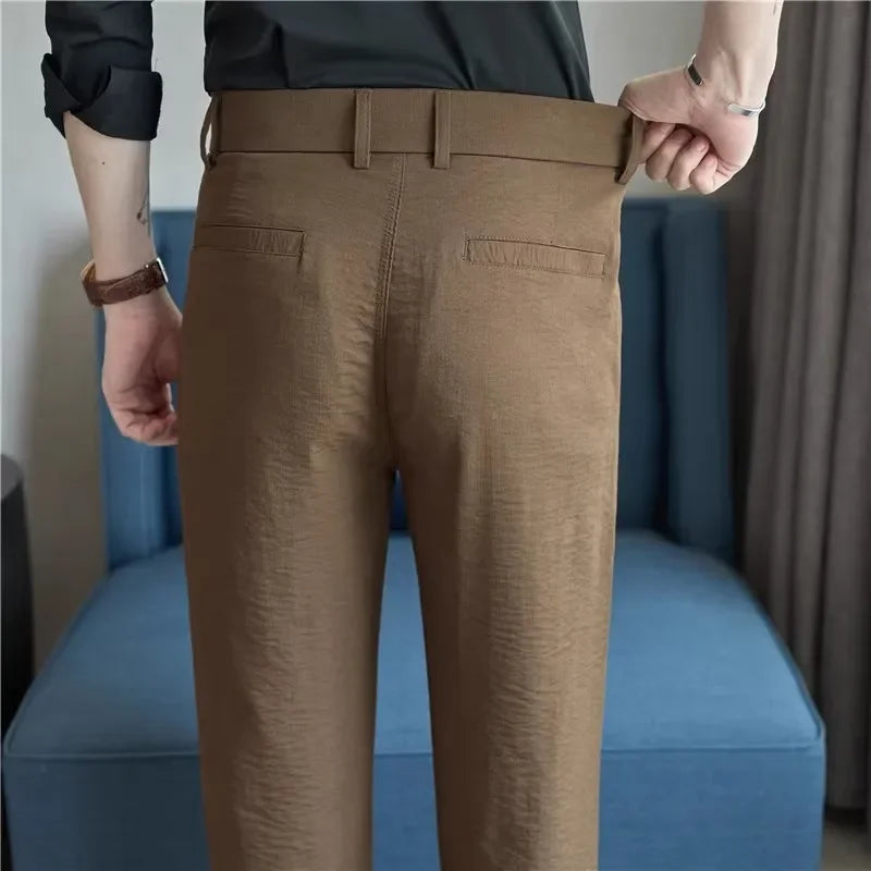 Summer Lightweight Suit Pants Men Solid Color Straight Smart Casual Suit Trousers Mens Half Elastic Waist Full Length Pants