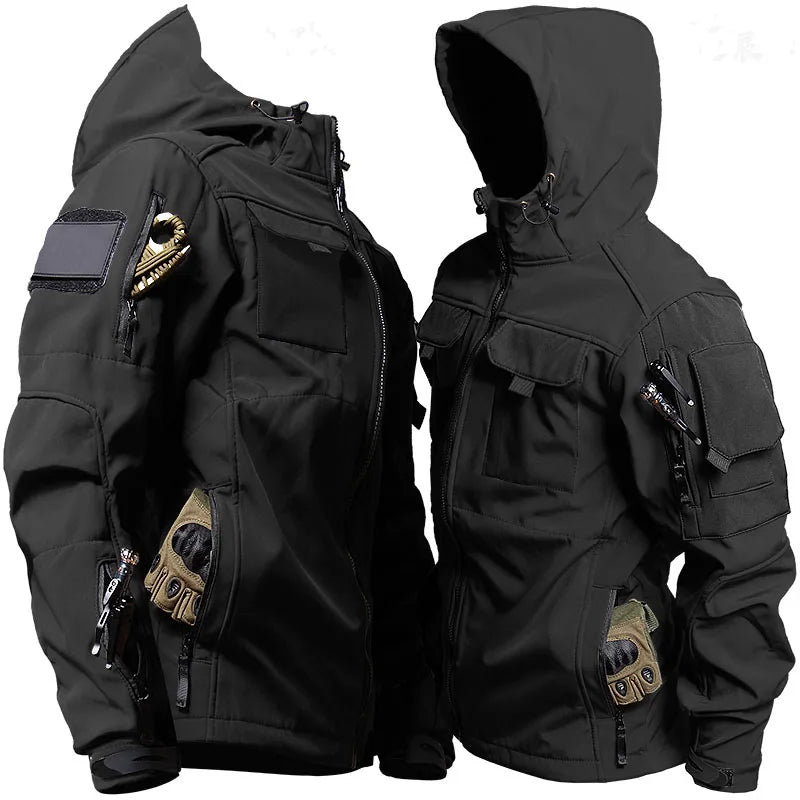 Outdoor Tactical Set Men Military Multi-pocket Hooded Work Jacket+Windproof  Waterproof Fleece Cargo Pants Winter Sharkskin Suit
