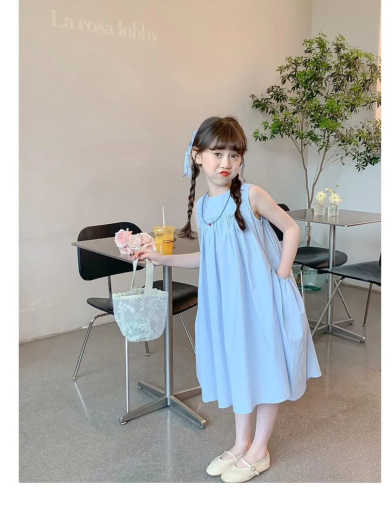 Summer Junior Girl Sleeveless Dress Solid Side Big Pockets Blue Ruched Dress For 2-10Y Girls Casual Round Collar Baby Girl Dress