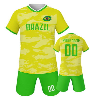 Custom Soccer Jersey Set Brazil Personalized Name Number Football Shirt for School Team Club Kids Youth Practice Soccer Uniform