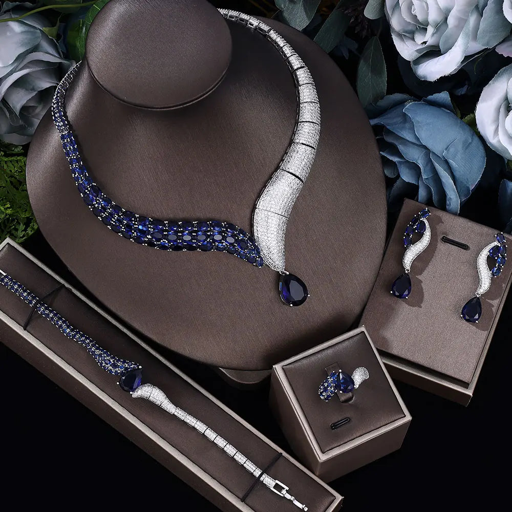 Conjunto de Joias para Noiva, com Colar, de 4 Peças, Zircônia Cúbica, Feminino, para Casamento, Cristal Colorido, em Formato de Gota, Popular, Nigéria