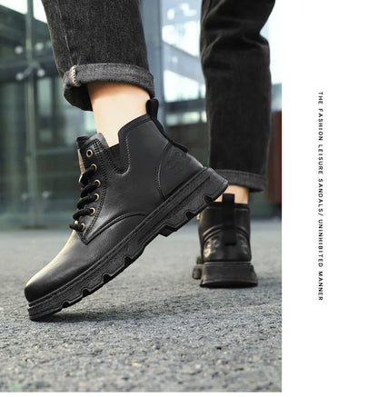 New MEN'S BOOTS with Retro Style Leather Boots, Thick Soles, Wear-resistant MEN'S High Top Casual Shoes, Side Zippers