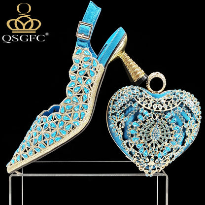 Italian Design Rhinestone-encrusted Sex Ladies Shoes And Special Bag High Heels And Heart Shape Gold Mini Bag