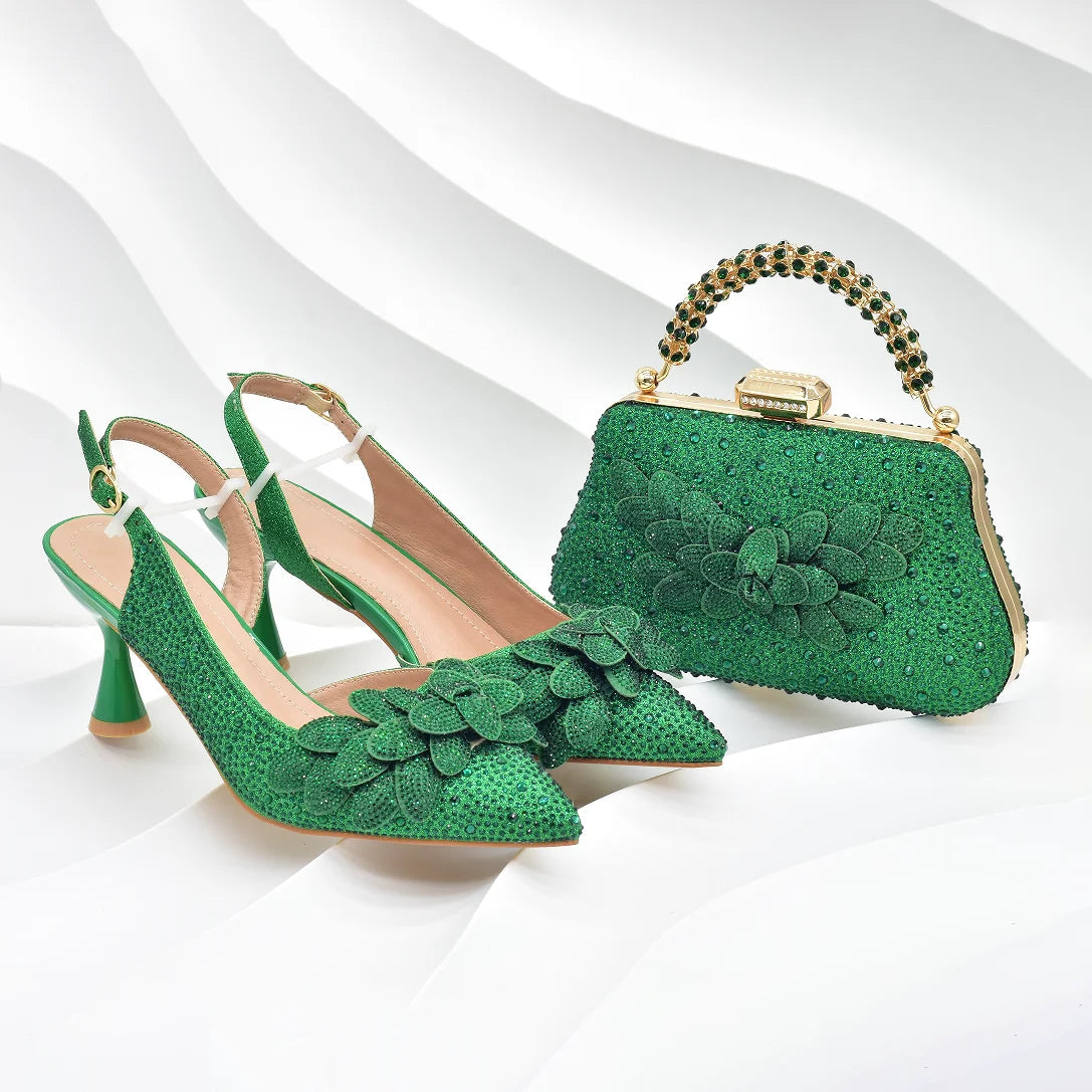 New Arrival Nigerian Women Heel Party Shoes and Bag Set Rhinestone Handbag Italian Design Luxury Wedding Shoes for Bride