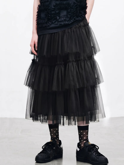 Forest style black cake skirt imakokoni spring Japanese mesh high waist mid length A-line skirt for women 265434