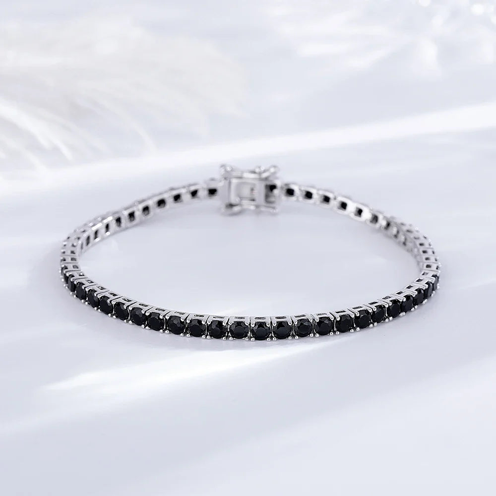 Solid 925 Silver Tennis Bracelet 3mm Black Cubic Zircon Chain Jewelry for Women Men Gift
