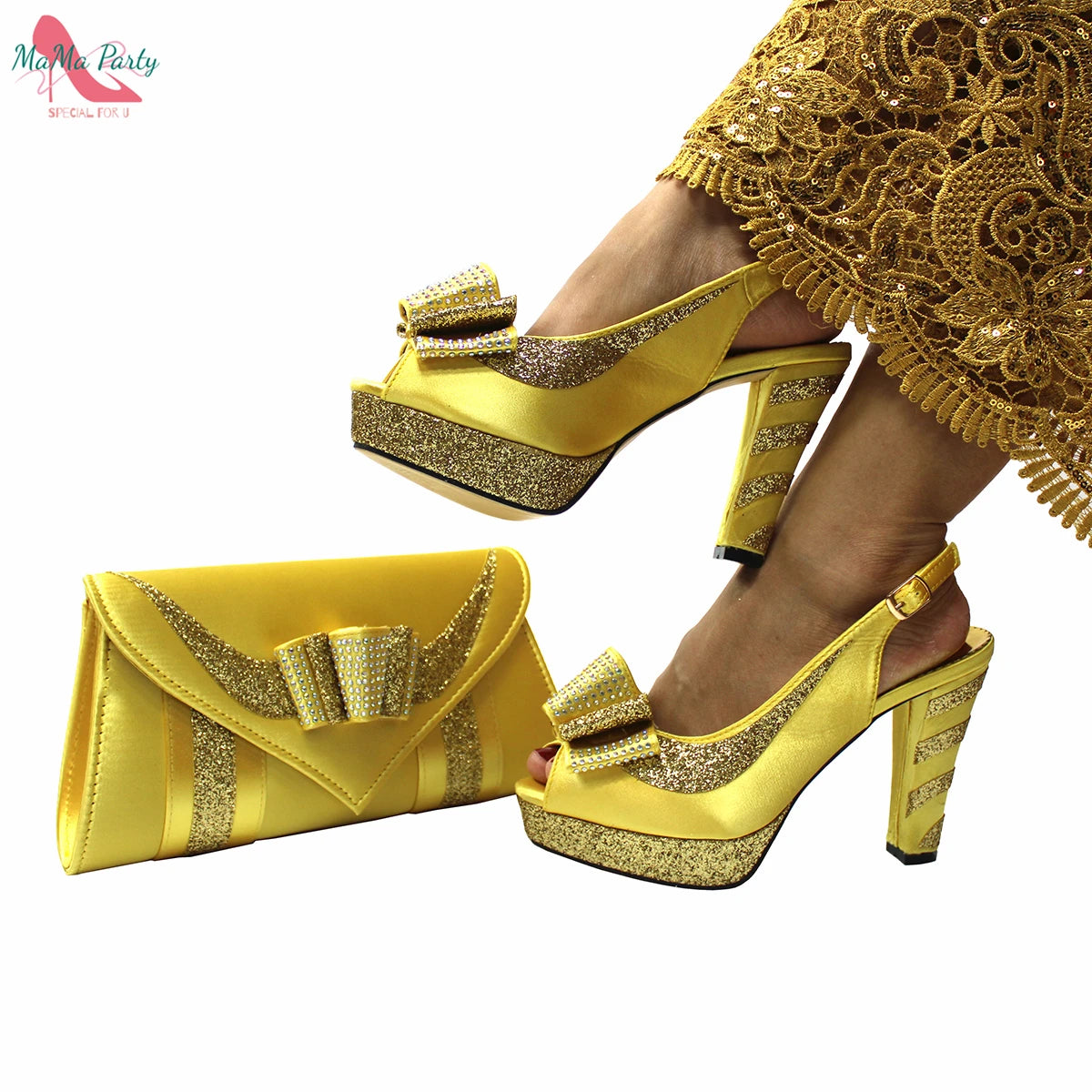 Fashion Pretty Peep Toe African Women Shoes Matching Bag Set in Silver Color Elegant Style Platform Sandals for Party