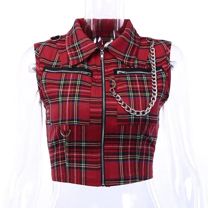 Women T-shirt Plaid Punk Streetwear Zipper Chain Plaid Female Goth Retro Hi Hop Camis Top Gothic Chic Sexy Crop Tops