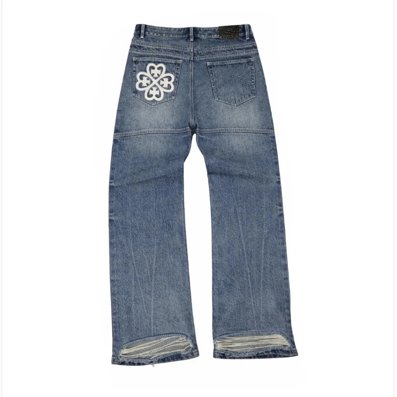 Y2K Vintage Ripped Jeans Patchwork Pocket Flower Embroidery Blue Bootcut Denim Pants American Style Hip Hip Unisex Baggy Pants