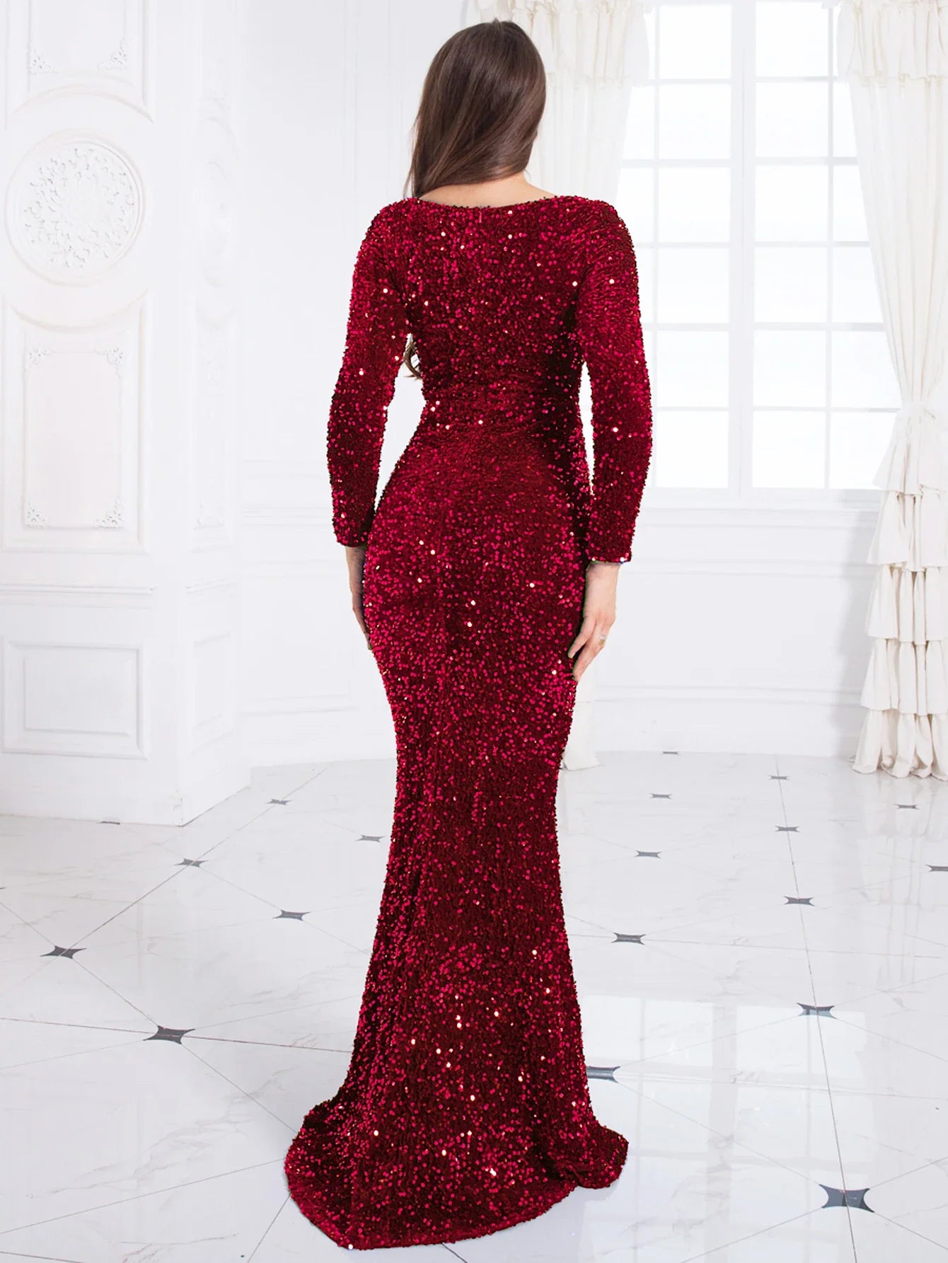 Romagic Women Modest Stretch Sequin O Neck Evening Prom Gown Party Long Dresses Full Sleeved Mermaid Formal Dinner Elegant Dress