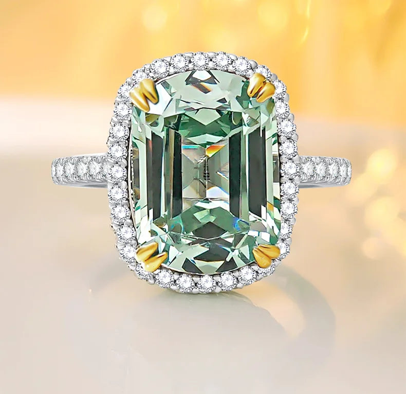 Luxurious light green tourmaline 925 sterling silver ring set with high carbon diamond temperament niche and versatile for women
