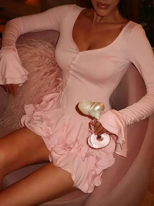 Flare Sleeve Ruffle Sexy V Neck Mini Dress Women Robe Irregular Single-breasted High Waist Slim A-line Club Dress