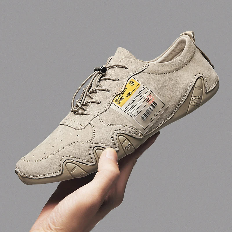 Men Lightweight Sneakers Non-slip Sole Stitch Genuine Solid Leather Shoes Outdoor Casual Walking Driving Flats Shoes