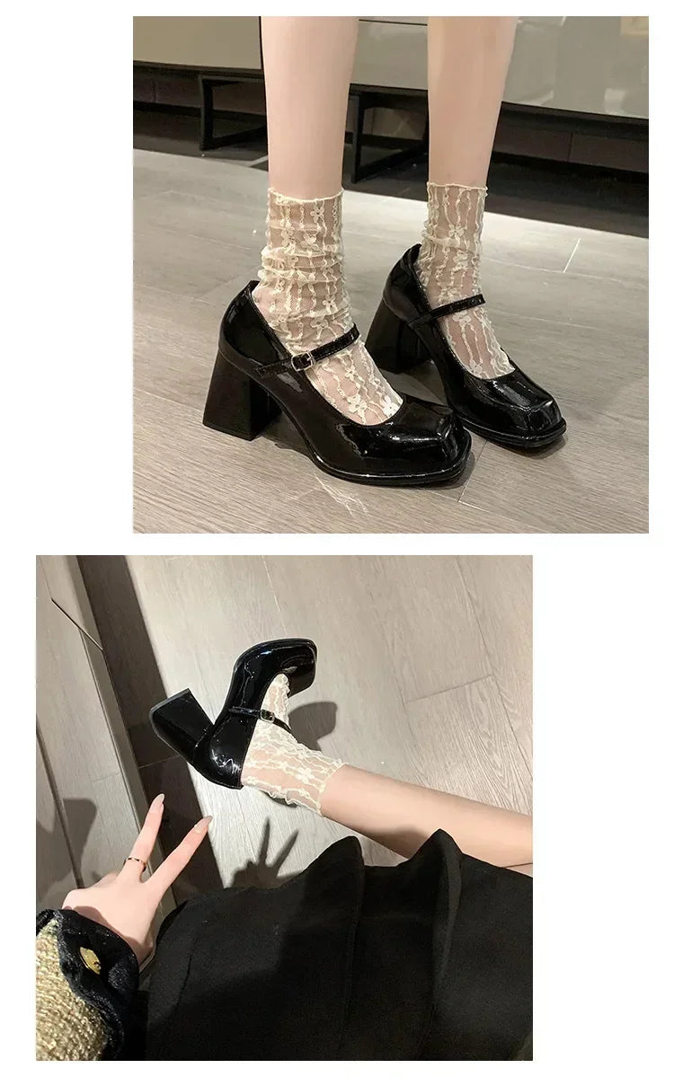 Ladies Summer Black New Small Leather Shoes Mary Janes Vintage Buckle Non-Slip Sandals Woman Medium Heels Casual Elegant Heels