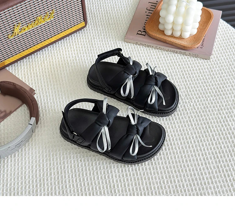 2026 Summer Girls Princess Sandals with Double Bow-knots Soft Fashion Classic Kids Summer Beach Shoes Open Toes Sweet Anti-skid