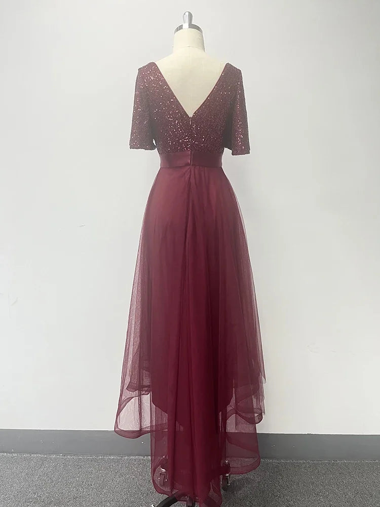 Vestido de Gala Elegante Feminino com Decote em V, Babados, Manga Curta, Evasê, Gaze Fofa e Bainha Irregular