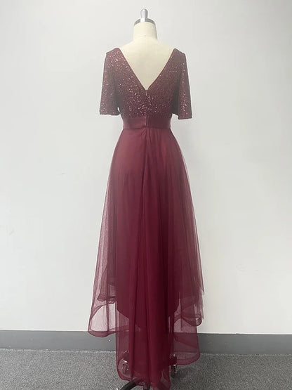 Vestido de Gala Elegante Feminino com Decote em V, Babados, Manga Curta, Evasê, Gaze Fofa e Bainha Irregular