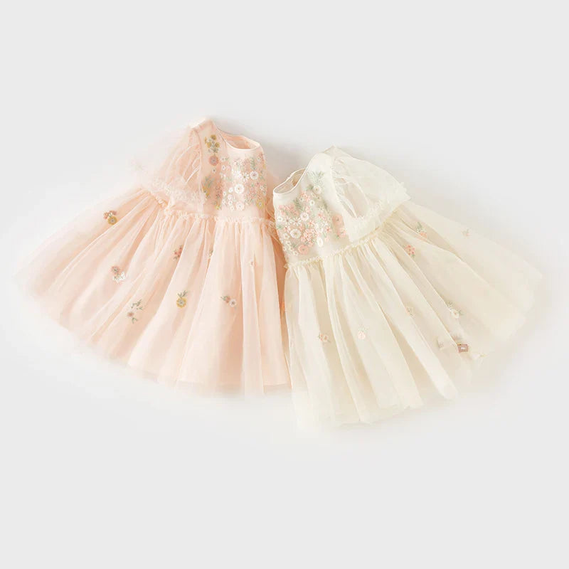 Children's Princess Dress for Girls 2025 New Summer Floral Puff Sleeves Mesh Charm Noble Cute Sweet Party DB2240549