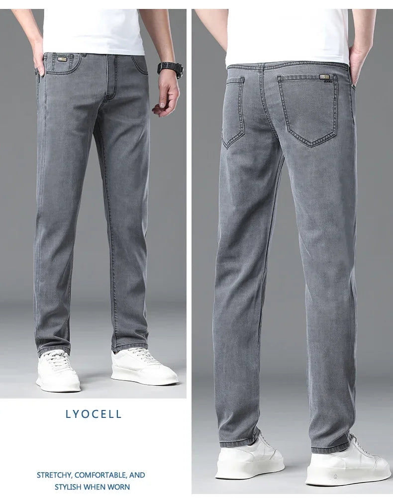 Summer Lyocell Ultra-thin Jeans Men Straight Stretch Breathable Denim Pants Fashion Business Casual Male Trousers Black Gray