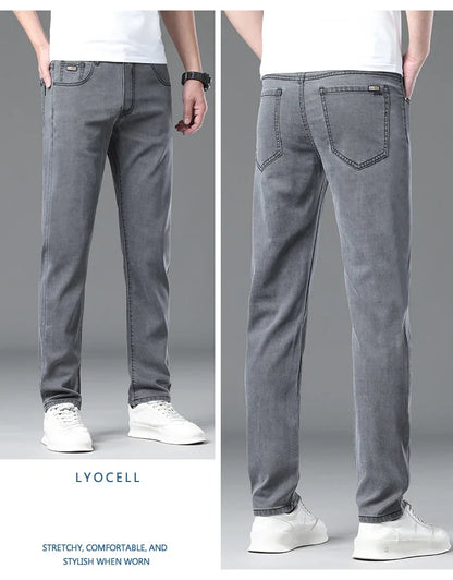 Summer Lyocell Ultra-thin Jeans Men Straight Stretch Breathable Denim Pants Fashion Business Casual Male Trousers Black Gray