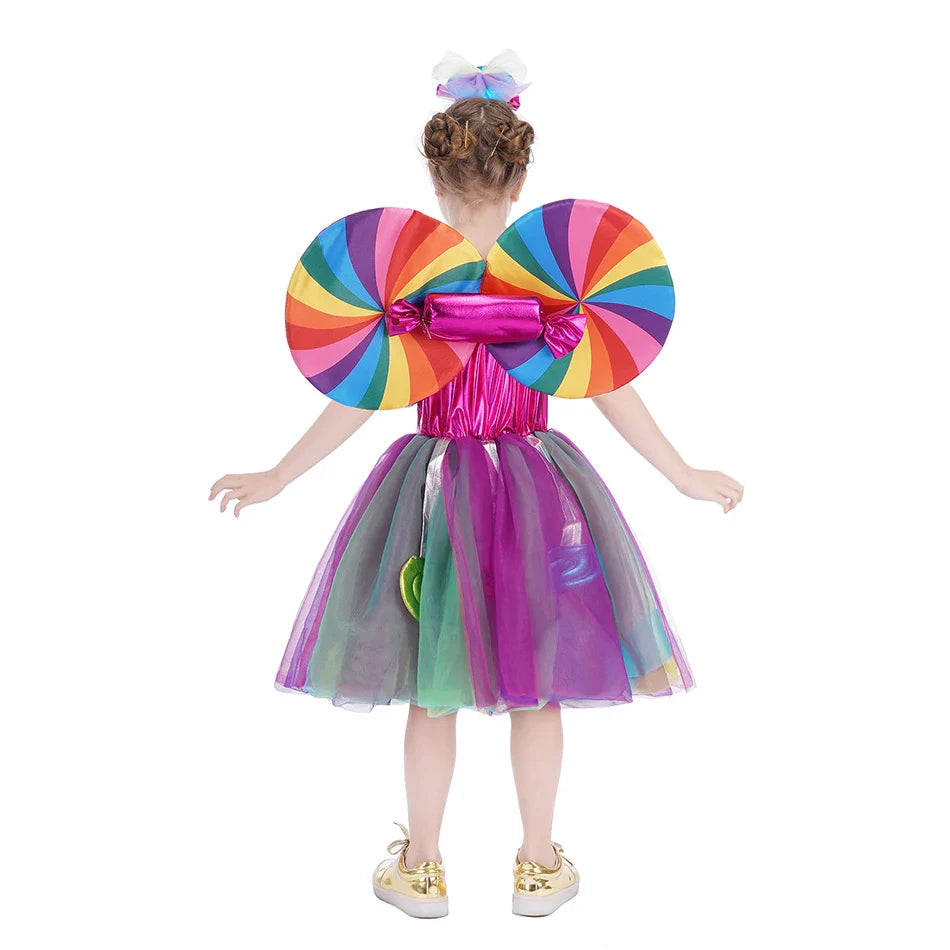 Rainbow Lollipop Girls Dress Sweet Purim Festival Celebrate Costume Fancy Carnival Children Vestidos Princess Cosplay Outfits