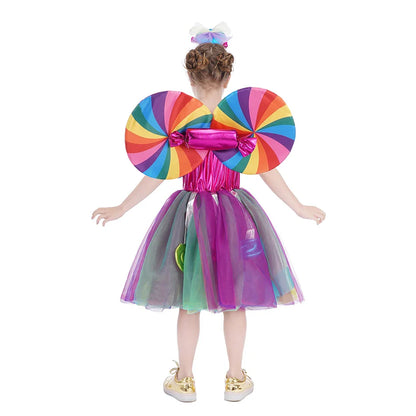 Girls Rainbow Dress Candy Costume Sweet Lollipop Festival Purim Carnival Party 3-10y Children Clothing with Candy Wing Stage Sho