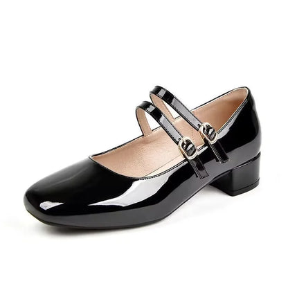 2025 New Women's Burgundy Patent Leather Mary Jane Pumps - Vintage-Inspired Double Gold Buckle Low Block Heel Dress Shoes