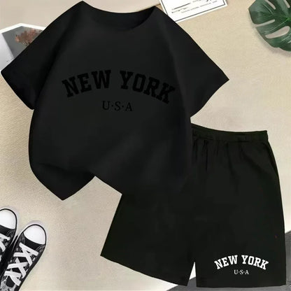 New York letter pattern boy and girl T-shirt+shorts 2-piece set