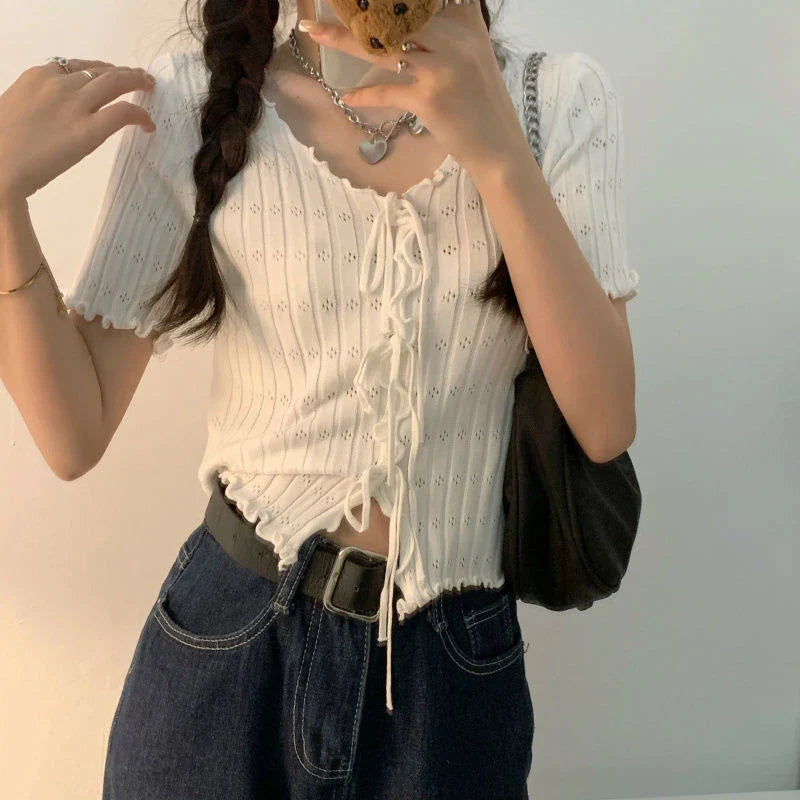 TShirt For Women V-neck Summer Simple Versatile Casual Crop Tops Bandage Ribbed Short Sleeve Women's Top T-Shirt Girl