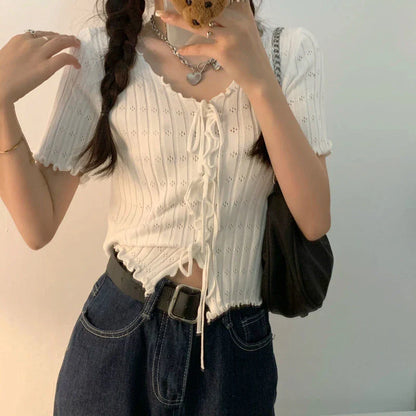 TShirt For Women V-neck Summer Simple Versatile Casual Crop Tops Bandage Ribbed Short Sleeve Women's Top T-Shirt Girl