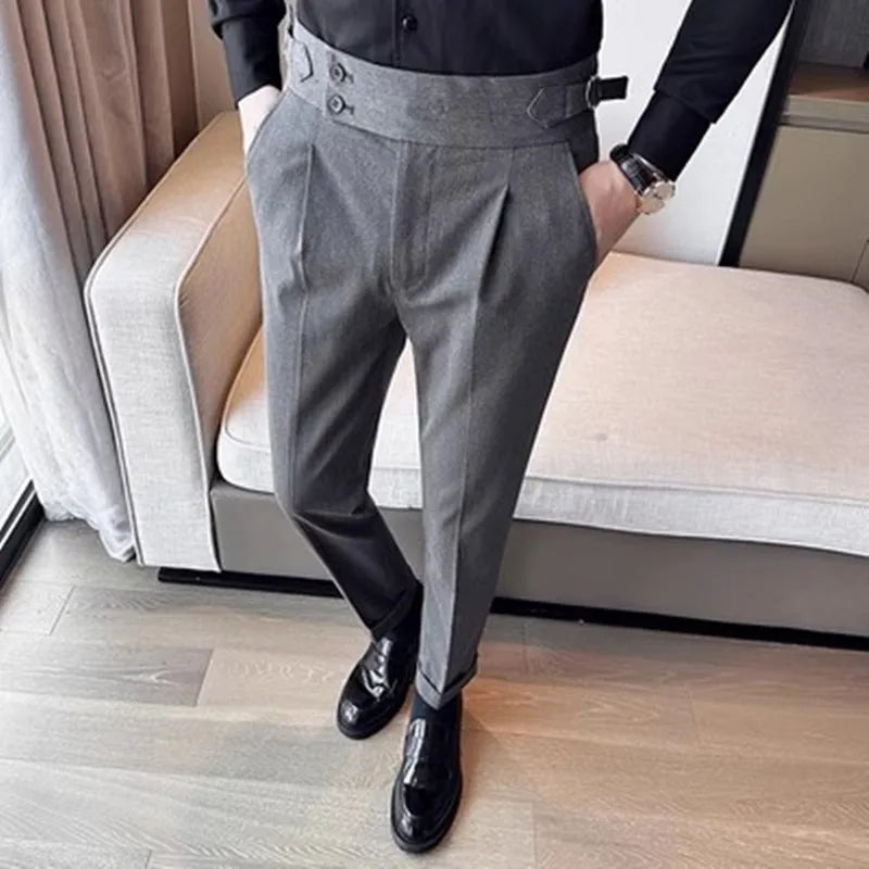 New Spring Autumn High Waist Smart Casual Dress Pants Men Belt Design Slim Suit Pants Formal Wedding Social Party Mens Trousers