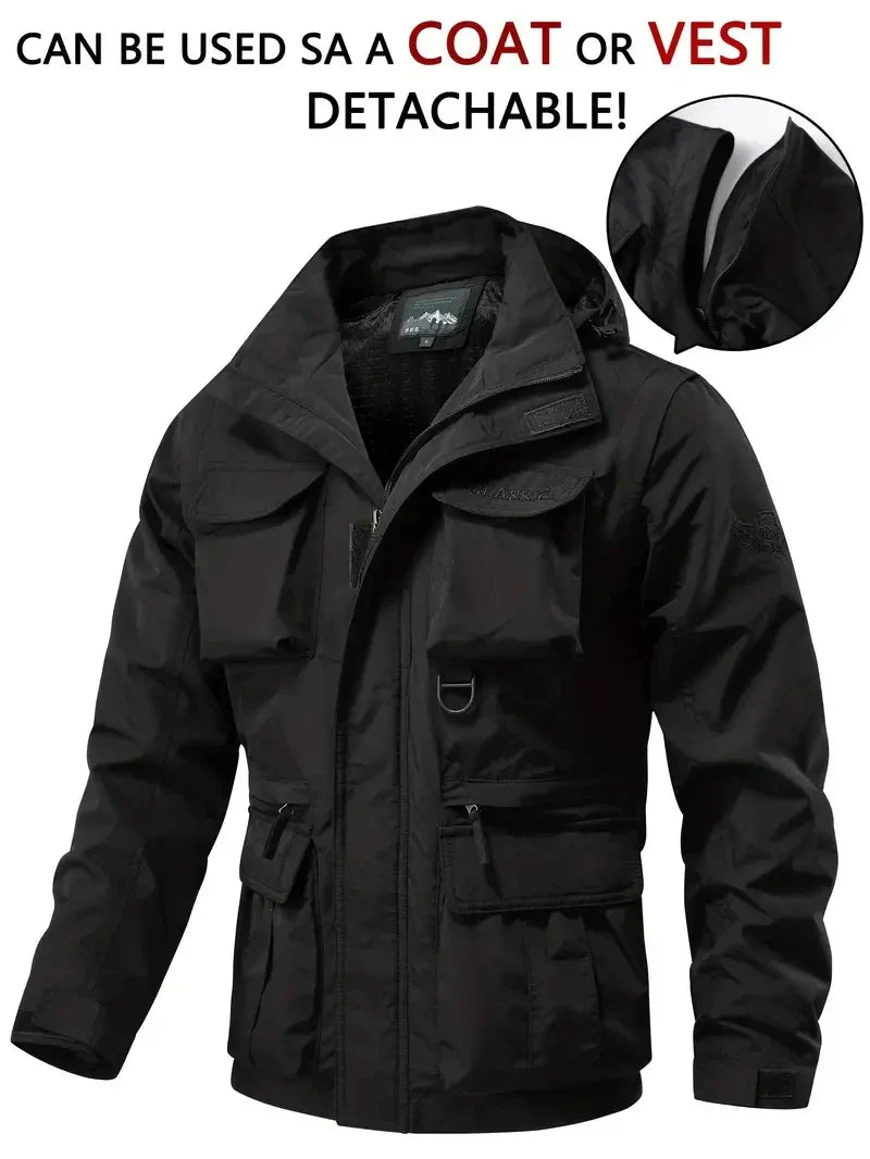 Detachable windproof sleeved hooded jacket suitable for outdoor activities men's casual waterproof multi pocket jacket vest