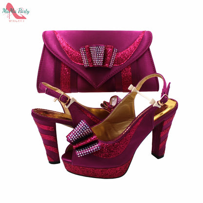 Fashion Pretty Peep Toe African Women Shoes Matching Bag Set in Silver Color Elegant Style Platform Sandals for Party