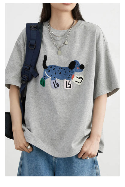 CHIC VEN Camisetas Femininas Soltas Streetwear Unissex Divertido Cão Bordado Manga Curta Algodão Blusas Menina Femininas Verão 2025