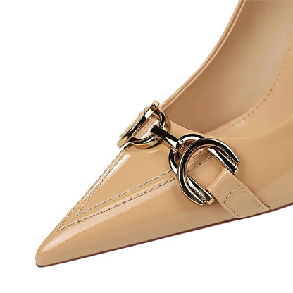 Women 7cm 10cm High Heels Wedding Bridal Replica Pumps Lady Scarpins Metal Chain Buckle Low Heels Stiletto Nude Green Prom Shoes