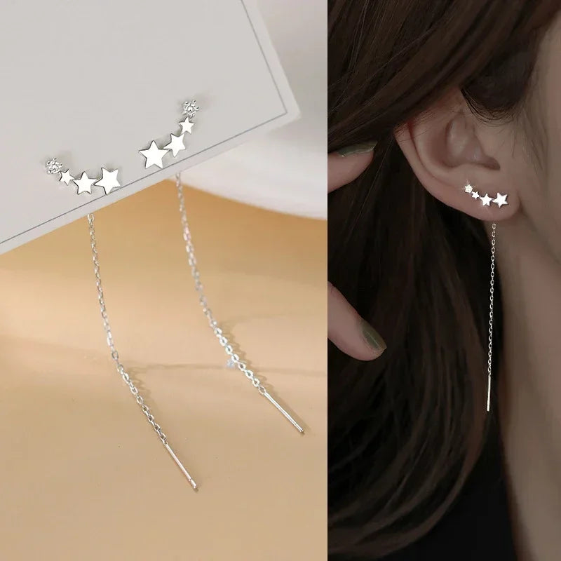Retro Classic Long Tassel Ear Line Drop Dangle Earring for Women Charm Silver Color Stainless Steel Chain Hanging Earing Jewelry