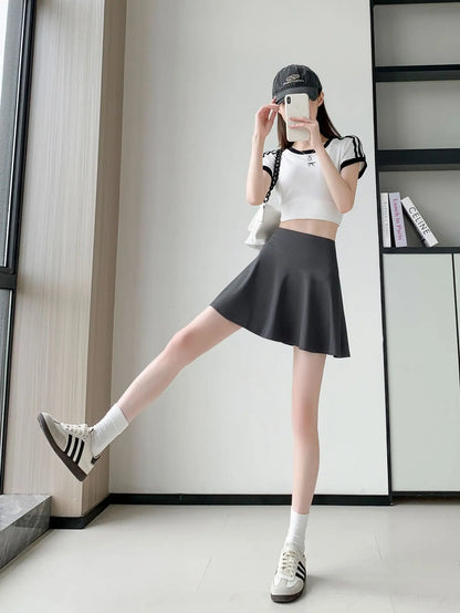 Women Summer Fake Two Pieces Sports Skirt Anti-Chafing Anti-Slip Tennis Badminton Yoga Skirt Pleated White Mini Skirt  Running