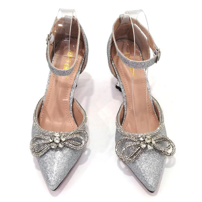 Ladies Pointed-Toe Party High Heels Magenta Colour Bow Rhinestone Stereo Bag Evening  African Wedding Shoe And Bag Set