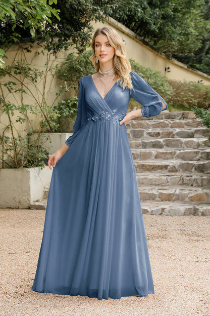 Vestido de Noite de Gola V com Apliques de Renda e Saia Evasê de Chiffon Elegante com Mangas Fendidas para Festas de Casamento 2025