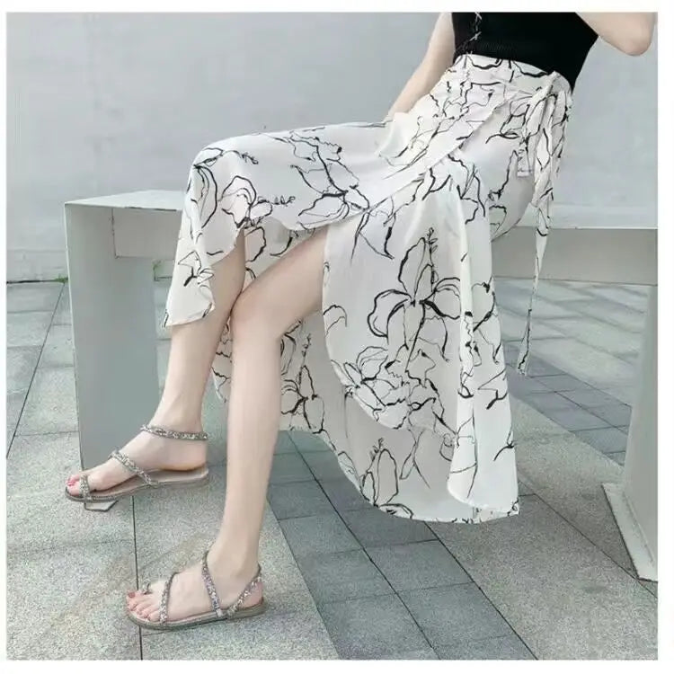 Wrap Skirts Women Casual Chiffon Tie-Waist Ruffle Wide Leg Loose
