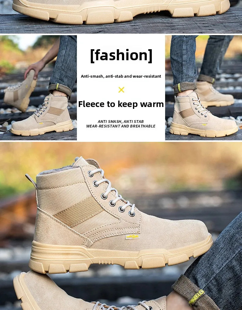 Men's Winter Wool Velvet Cotton Safety Work Shoes High Top Steel Toe Insulated Labor Protection Construction Shoes
