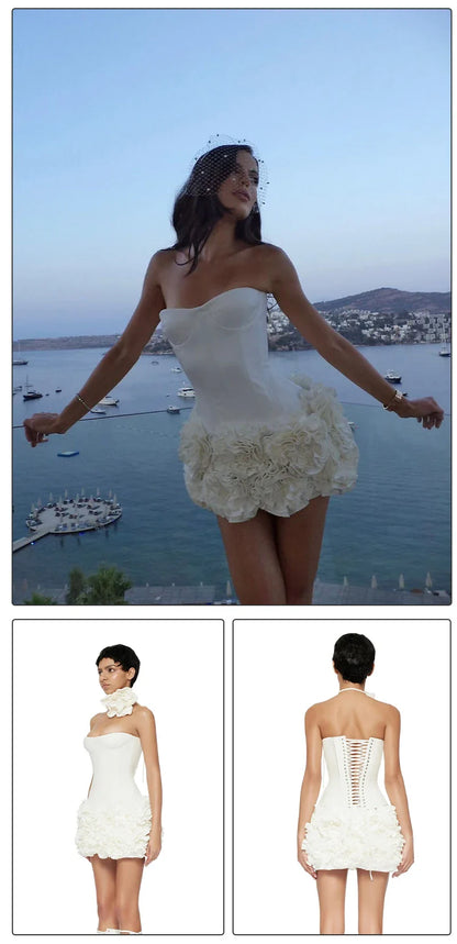 Christmas Dress Strapless Backless Red Structured Floral Embellished Mini Length Bodycon Celebrity Party Cocktail Dress