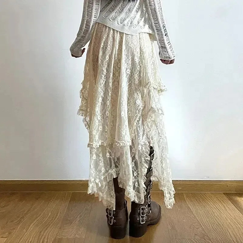 Lace Jacquard Transperant Skirt Women Summer New High Waist Sexy Casual Long Skirts Streetwear Fashion Black Maxi Skirt