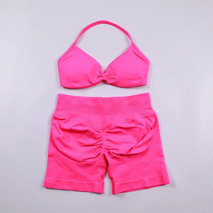 Scrunch Seamless Yoga Set Women Sportswear Ribbed Gym Shorts Strappy Sports Bra 2 Piece Set Halter Workout Clothes Fitness Suit