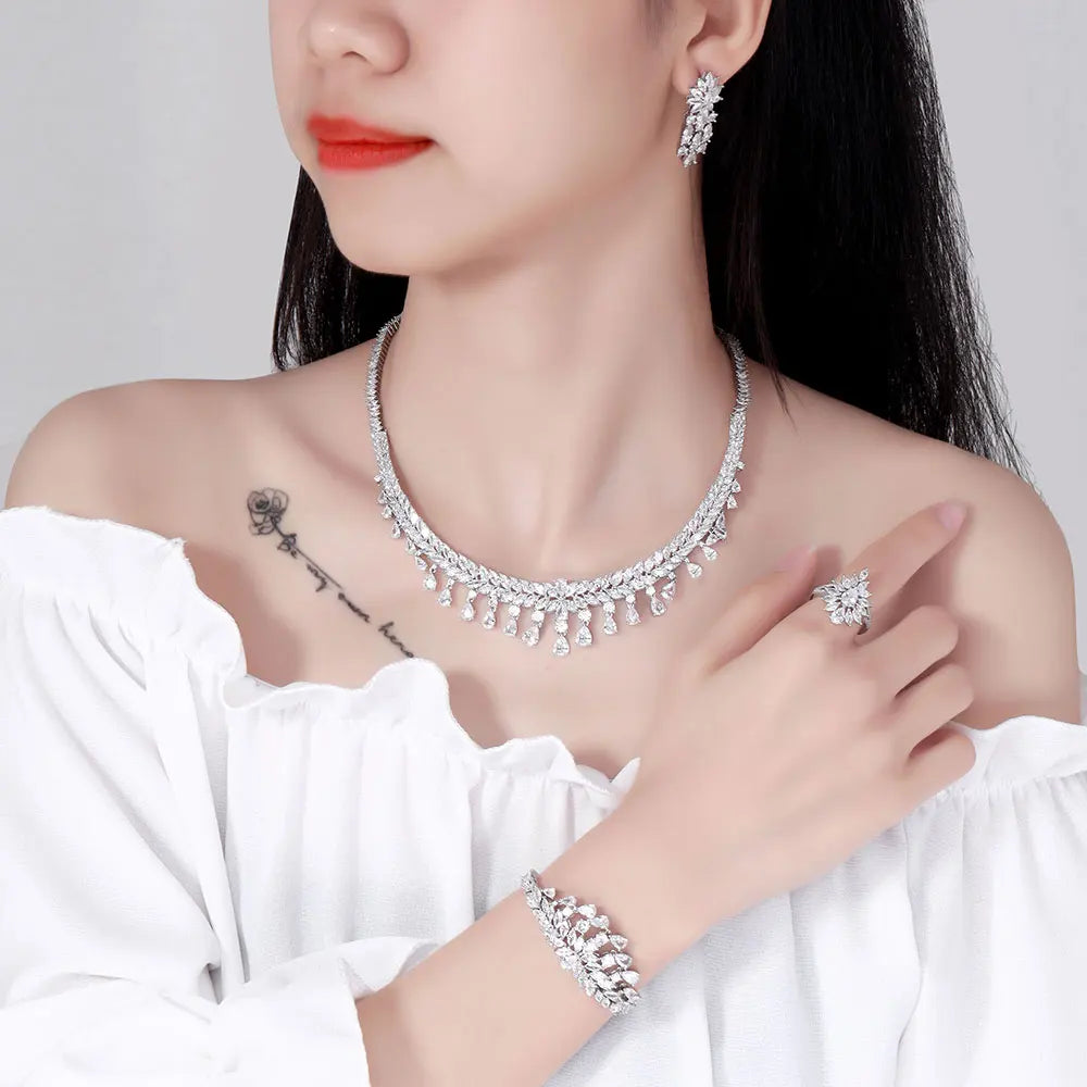 2023 New 4-piece Set Cubic zirconia Necklace Bridal Wedding Jewelry Set Hot in Saudi Arabia and Africa