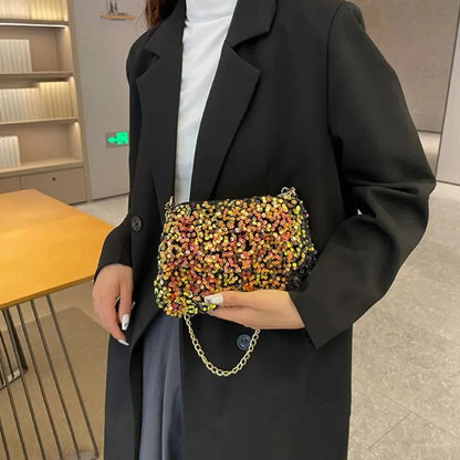 Solid Color Sequins Crossbody Bag Simple Chain INS Small Square Bag Handbag Underarm Bag Evening Clutch Bag Female