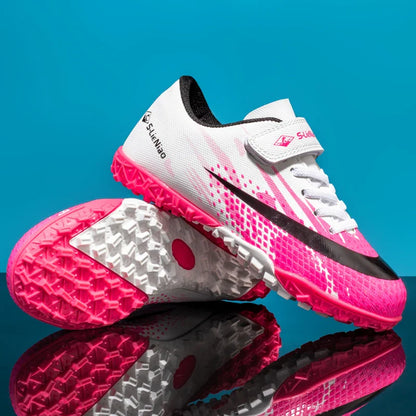 Kids' Turf Soccer Shoes with Rubber Soles, White/Pink, Black/Gold & WhiteMoon for Training