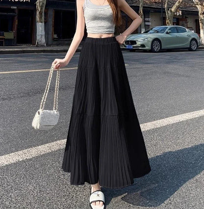 Women's High Waist Pleated Maxi Skirt, Casual A-Line Flowy Tiered Long Skirt, Elegant Beach Vacation Skirts for Ladies