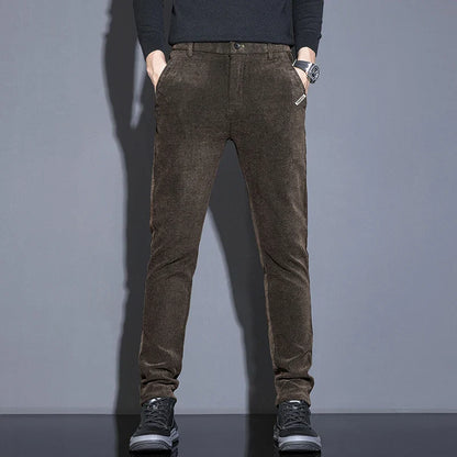 Men's Solid Straight Casual Pants Autumn Woolen Slim Fit Office Pants Vintage Elastic Waist Youth Trousers Everyday Wear